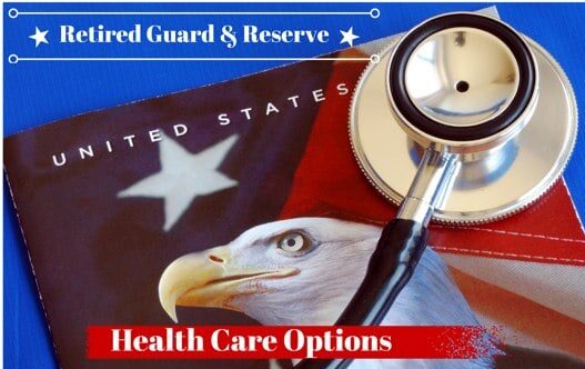 Picture of american eagle and stethoscope with the words "Retired Guard & Reserve Health Care Options"