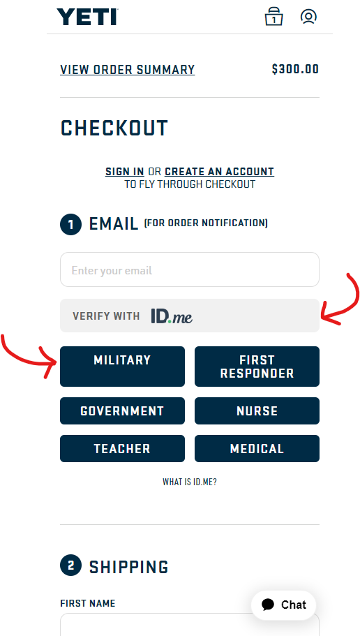 Image showing the steps to get the YETI military discount, verified with ID.me at checkout.
