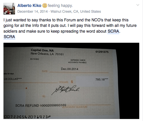 A post from Alberto Kiko is showing the SCRA cash refund they received from Capital One Bank.