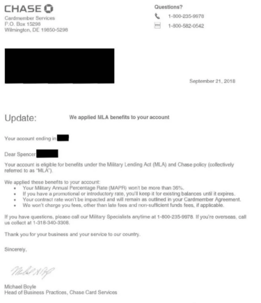 A letter from Chase Bank to Spencer confirming Military Lending Act (MLA) benefits have been applied to his credit card account.