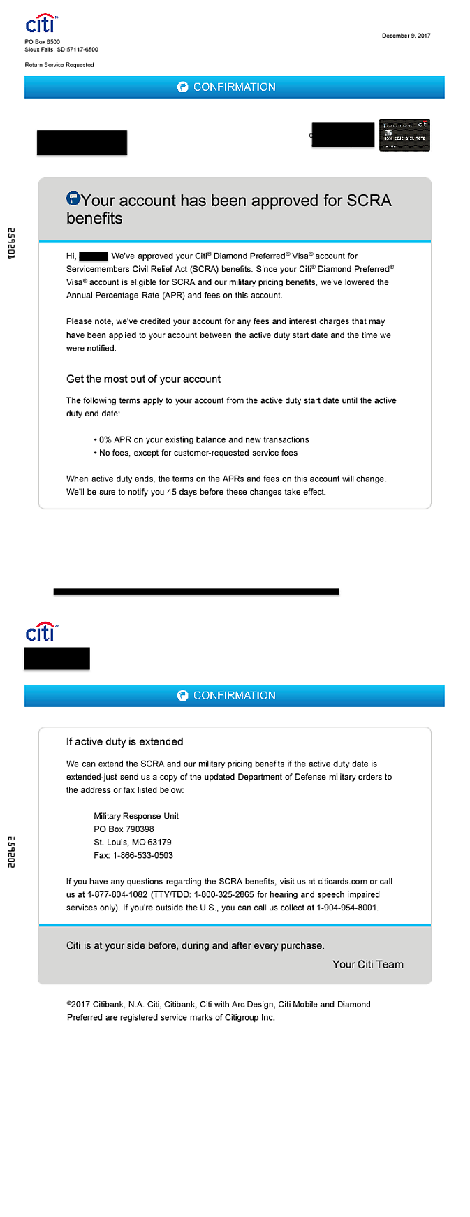 An email from Citi to Reddit user u/monkeyfrenzy confirming their Citi Diamond Preferred Visa card has been approved for SCRA benefits.