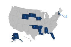 A map of the United States with the top states for military retirees numbered from one through ten.