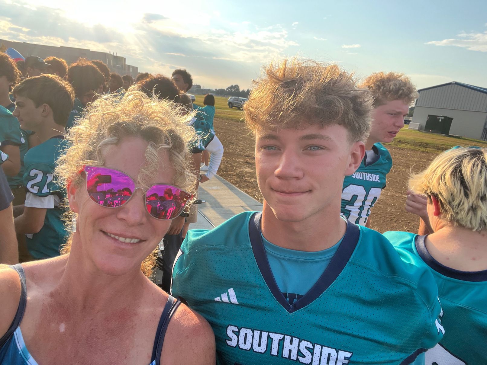 Jaik Chadwick’s mother, Jess, supports the team during a pep rally Sept. 3, 2025, at Southside High School in Youngsville, Louisiana.
