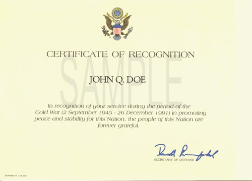 Cold War Recognition Certificate