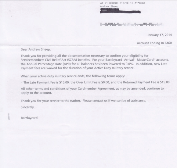 Letter from Barclays Bank to Andrew Sheep reducing the APR for all balances to 0.0%, in addition to waiving new late payment fees.