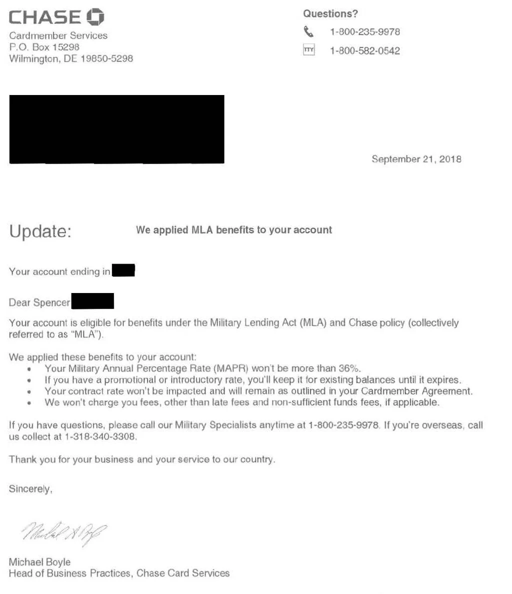A letter from Chase Bank to Spencer confirming Military Lending Act (MLA) benefits have been applied to his credit card account.