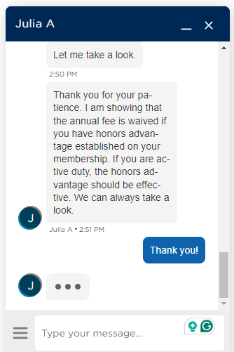 Customer Service Representative Julia A with Pentagon Federal Credit Union confirming that the annual fee on the Pathfinder Rewards Visa Signature Card is waived as part of their SCRA benefits.