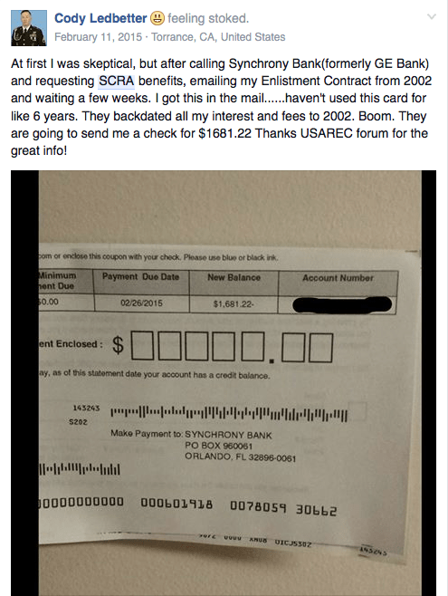 Cody Ledbetter received a cash refund from Synchrony Bank after requesting SCRA benefits. 