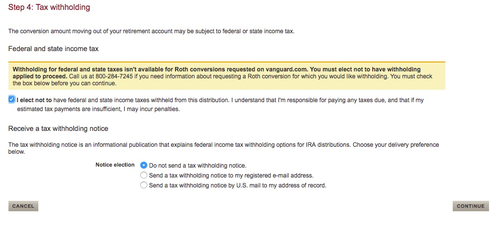 Vanguard Roth IRA Conversion - Tax Withholding